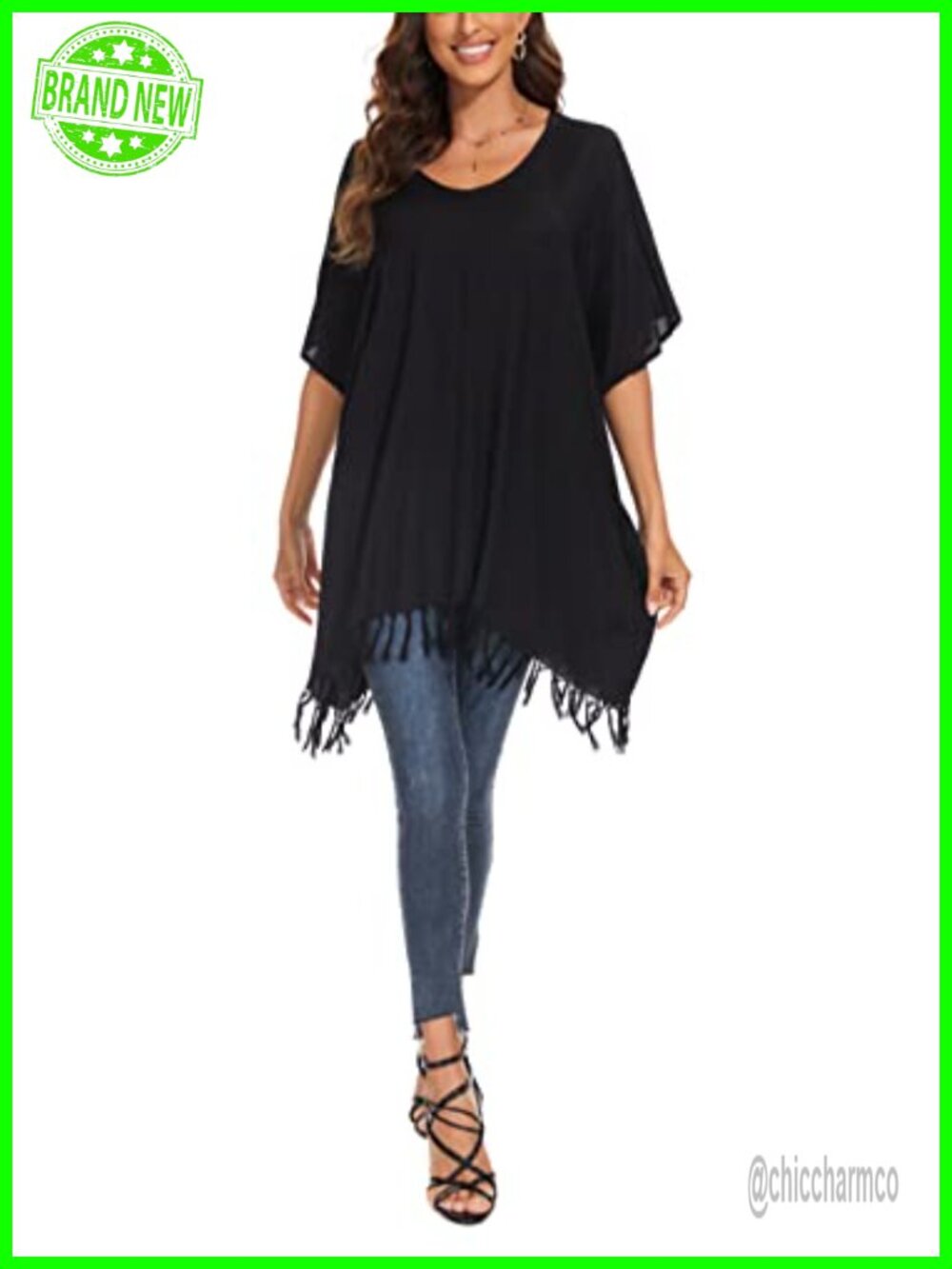 Plus Size V-Neck Tunic Blouse Loose Kaftan Fringe Hem Rayon Top